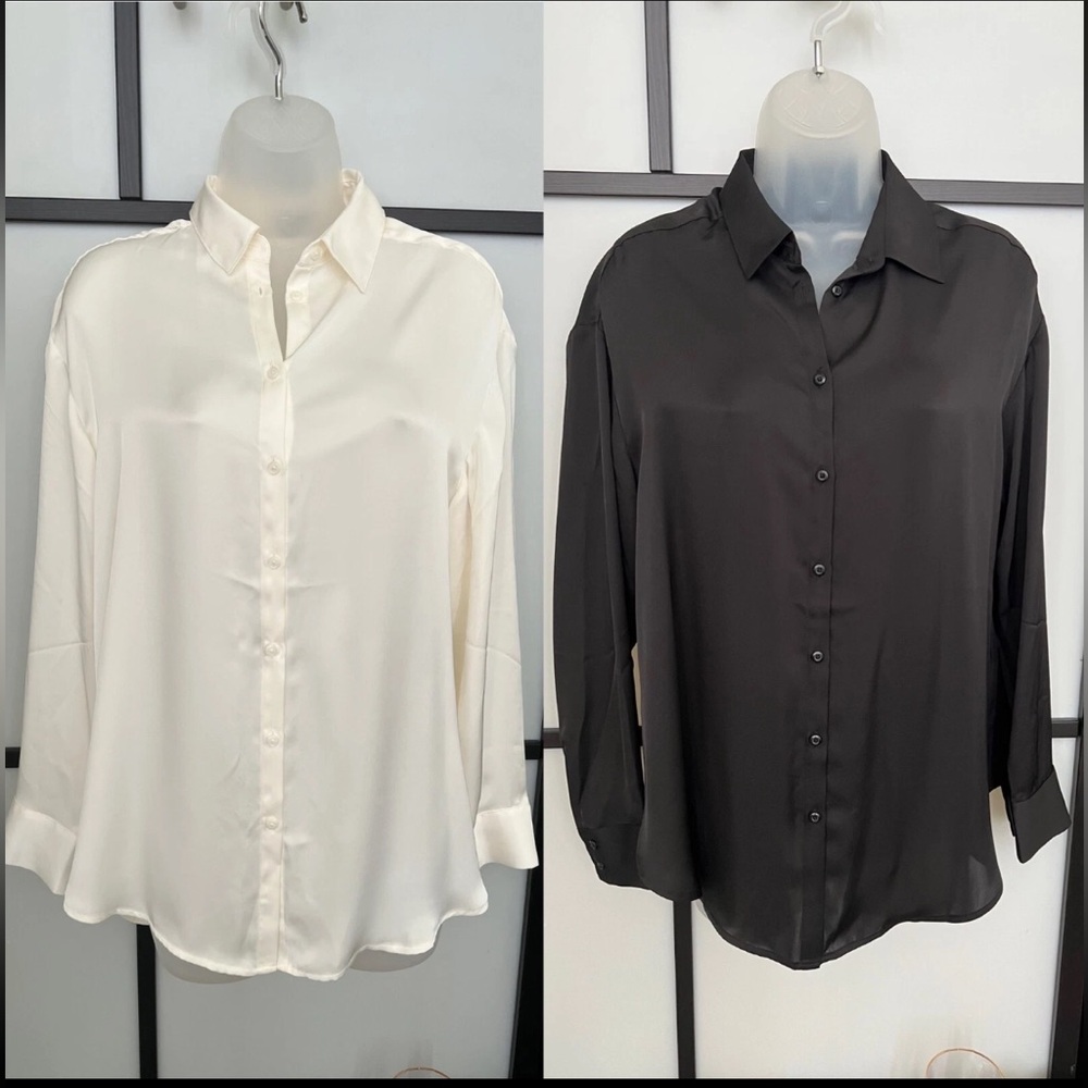 BUNDLE NWOT Express Oversized Satin Black White Button Up Shirt Blouse XSmall - Picture 1 of 15